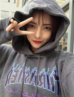 【超赞配色】Thrasher 美版 灰蓝灰紫火焰加绒帽衫男女同款情侣款