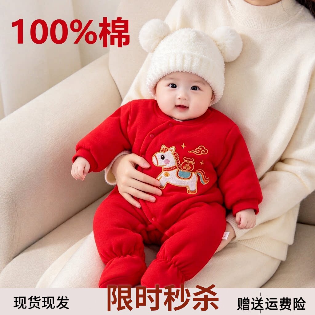 婴儿连体衣纯棉A类秋冬季加厚包脚小月龄宝宝夹棉保暖偏襟红色