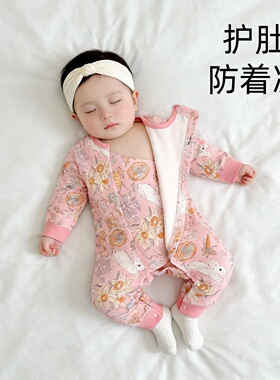 婴儿连体衣服纯棉护肚春季73码80新生宝宝幼儿薄款贴身睡衣四季款