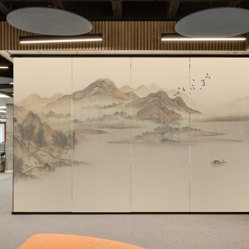 宋式美学静电磨砂玻璃贴膜办公室推拉门中式山水隐私膜透光不透明