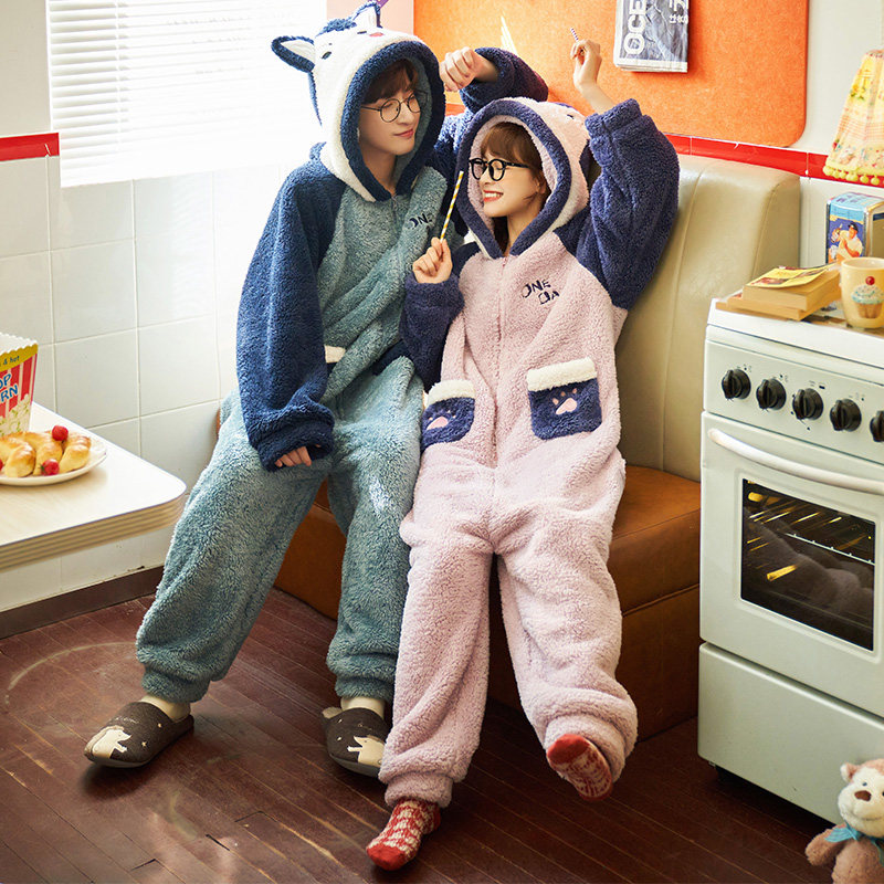 秋冬季连体睡衣女卡通可爱学生法兰绒冬天珊瑚绒男情侣家居服套装