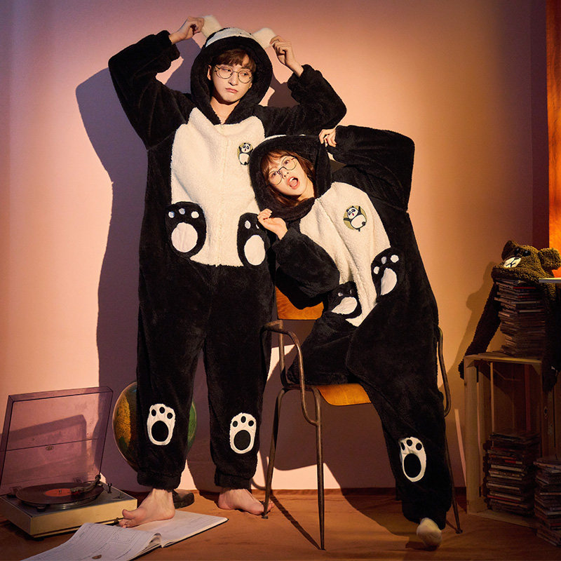 珊瑚绒情侣连体睡衣女秋冬季款套装加厚法兰绒男士卡通动漫家居服