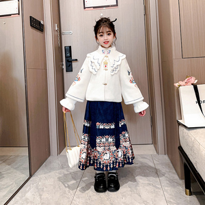 女童马面裙套装中国风加绒加厚儿童汉服秋冬款大童女孩古装拜年服