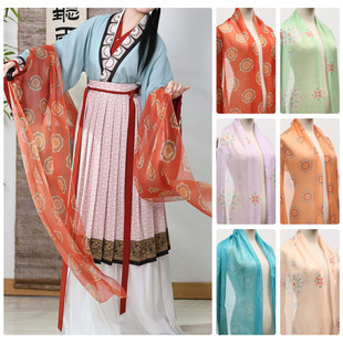 汉服披帛女唐风天丝雪纺印花敦煌舞蹈中国风飘带古风配饰长4米布