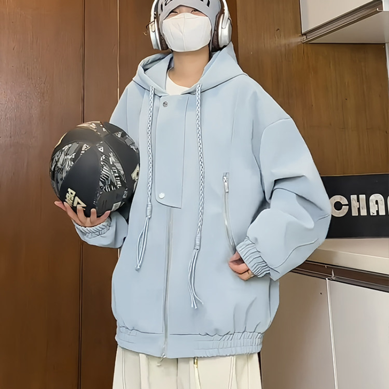 美式pu连帽皮衣夹克男女款春秋季宽松潮流机车外套休闲拉链帽衫潮