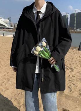 春秋季风衣男士中长款韩版潮流宽松休闲大衣潮牌百搭帅气连帽外套