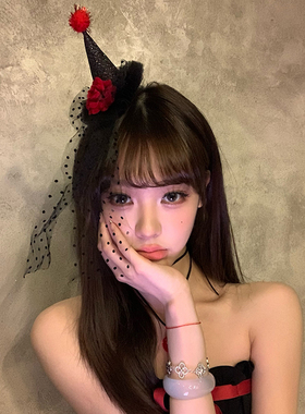 反派美女 万圣节红色玫瑰小礼帽发夹女黑色波点网纱头饰发箍装饰