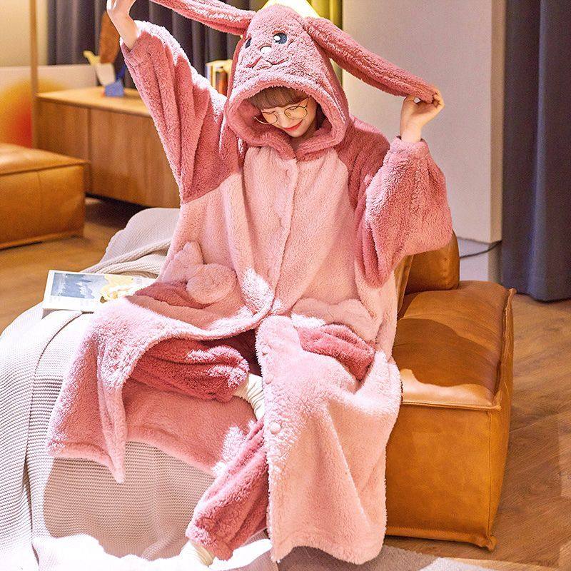 珊瑚绒睡袍女秋冬季法兰绒中长款睡裙可爱加厚毛绒可外穿睡衣大码