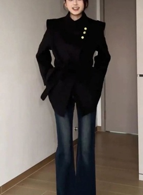 高个子175深蓝色牛仔裤女秋冬加绒加厚中低腰高弹微喇叭拖地长裤