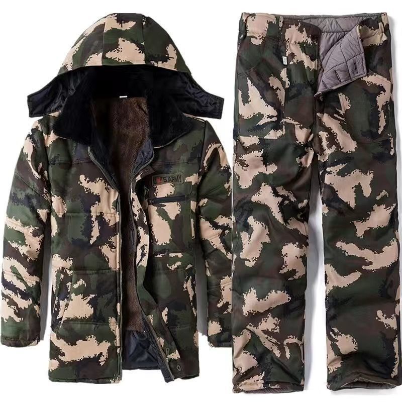 冬季劳保棉服男套装加绒加厚迷彩军大衣工地干活短款棉衣工作棉袄