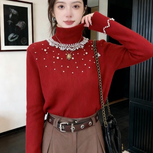 红色高领重工钉珠针织衫女长袖显瘦百搭毛衣上衣