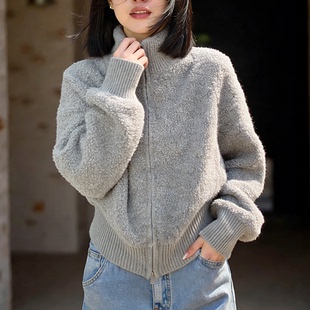 极简风灰色立领拉链针织开衫女慵懒毛衣外套显瘦