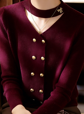 早秋V领双排扣针织衫女酒红色修身显瘦高级感毛衣开衫