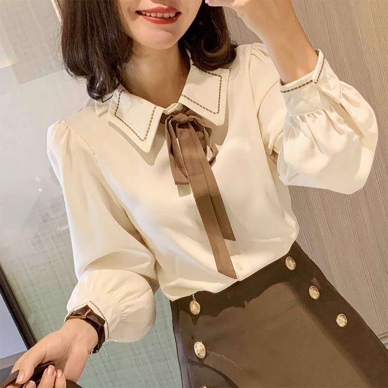雪纺女衬衫蝴蝶结感小众女士长袖衬衫