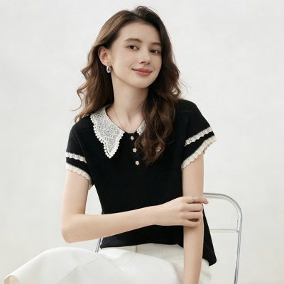 夏季甜美蕾丝娃娃领短袖针织衫