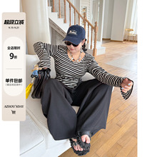 阿周家大码微胖条纹长袖T恤女秋季胖MM设计感修身显瘦上衣有垫肩