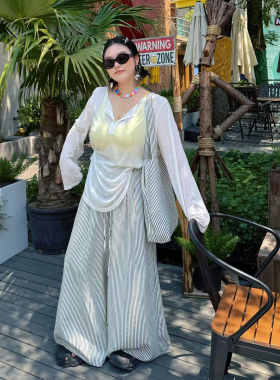 阿周家大码微胖女装百搭条纹裤夏季胖MM设计感显瘦休闲长裤送包