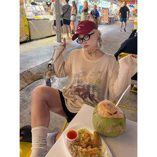 阿周家“美式懒懒汽车t”重磅水印烫珠羊绒蚕丝混纺长袖T恤防晒衫