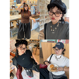 胖MM高弹力上衣 女秋季 阿周家大码 微胖婴儿棉刺绣半高领T恤打底衫