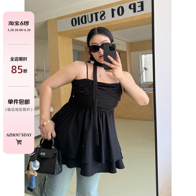 阿周家大码微胖黑色吊带娃娃衫夏季胖MM辣妹bi备设计感显瘦上衣