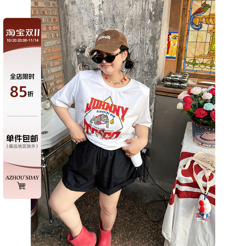 阿周家大码微胖女装设计感休闲短裤女夏季胖MM宽松显瘦薄款热裤