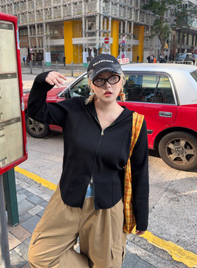 阿周家大码微胖双开拉链连帽针织开衫女胖MM早春bi备显瘦百搭上衣