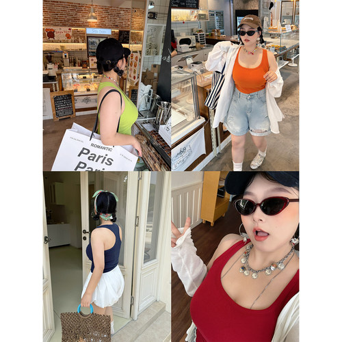 阿周家大码微胖大U领工字背心女夏基础款胖MM修身百搭上衣带胸垫