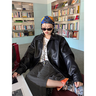 阿周家大码微胖秋季新品chao重工肌理仿真皮加厚皮衣夹克外套女