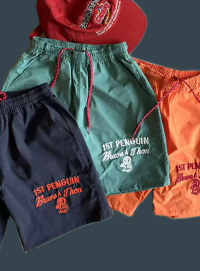 2025夏季新款儿童短裤梭织刺绣企鹅休闲速干男宝女宝沙滩短裤日系