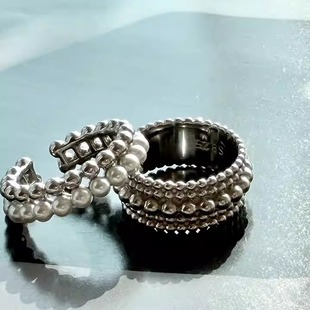 Tangtown925纯银白金色珍珠银珠叠戴开口戒指