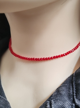 极细红尖晶锁骨项链女生不掉色水晶红绳短颈链choker精致百搭夏新