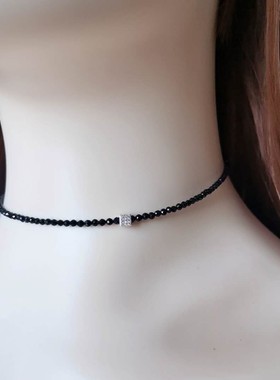 choker微镶钻纯银黑色水晶项链