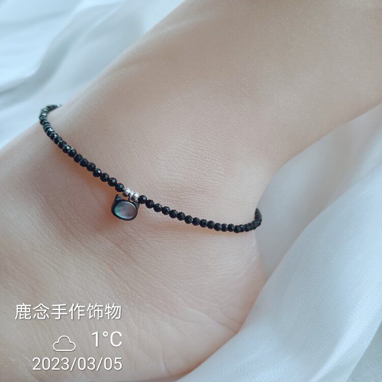 925纯银天然黑尖晶石贝壳小猫咪头脚链女夏季不掉色加长版胖ins链