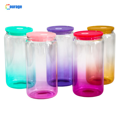 16oz热升华高硼硅果冻色渐变梅森玻璃杯彩色PP盖热转印玻璃吸管杯