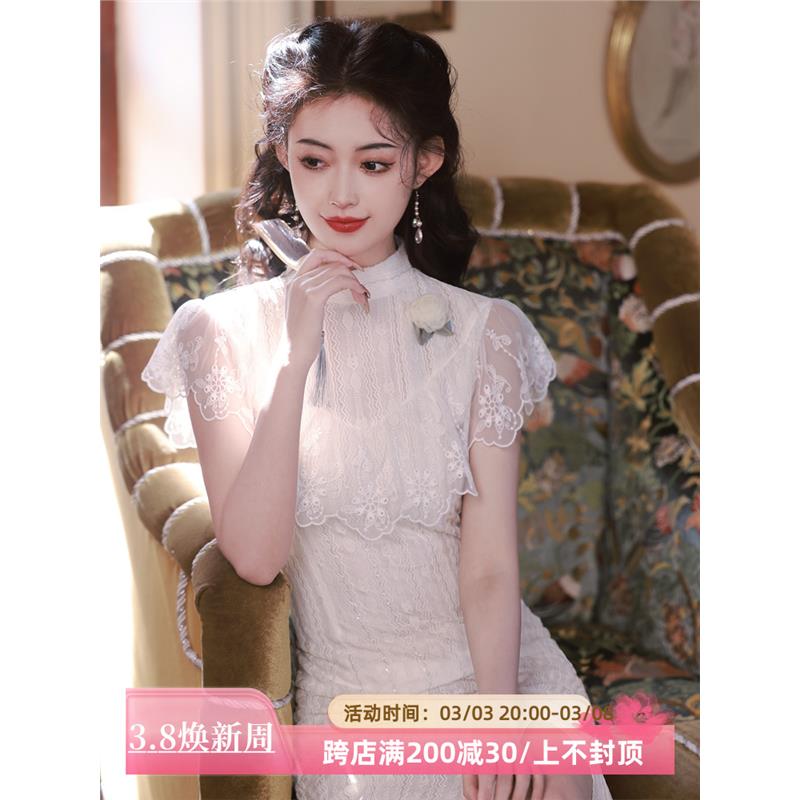 爱依服美迹旗舰店白色蕾丝旗袍2025春夏新款复古民国风大小姐洋装