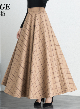格子半身裙女秋冬新款毛呢长裙高腰加长款伞裙冬季大码a字大摆裙