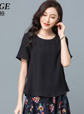 新款配阔腿裤的上衣女夏时尚洋气短袖雪纺衫搭配裙子黑色宽松小衫