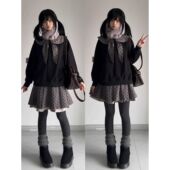 日系古早学院风围巾领蝴蝶结上衣波点半裙套装 雾影序曲 秋冬新款