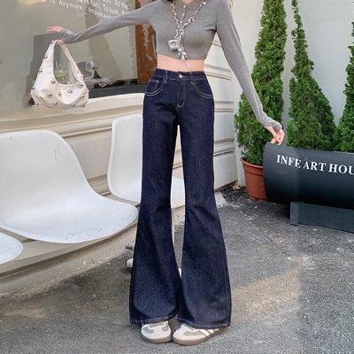 famouswang2025年夏季新款百搭原牛深蓝色中腰好版型牛仔微喇裤女