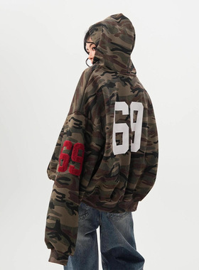 BWKA美式高街迷彩开衫卫衣女男2026春季复古潮牌宽松休闲连帽外套