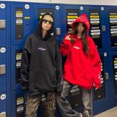 复古字母火焰刺绣连帽卫衣男女秋冬情侣国潮帽衫 126KID 美式 外套