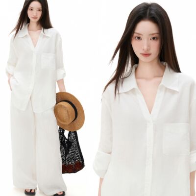 iiiamX白色正肩防晒长袖衬衫外套女夏松弛亚麻衬衣上衣套装两件套
