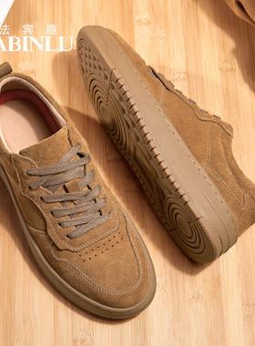 春秋新款复古板鞋百搭潮鞋真皮厚底增高休闲鞋子男士工装鞋反绒皮