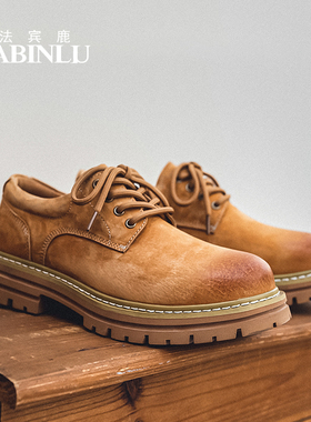 法宾鹿男士工装鞋美式复古低帮马丁靴秋冬新款男鞋黄色大头皮鞋