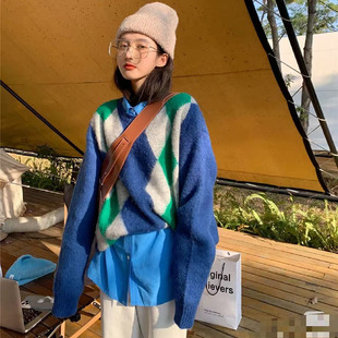 阳光家 秋冬新款韩版女装学院风菱格套头厚款毛衣长袖针织衫宽松
