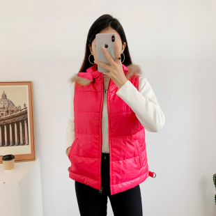 阳光家 特价外贸欧美A家毛毛领拉链带帽女装羽绒马甲背心保暖