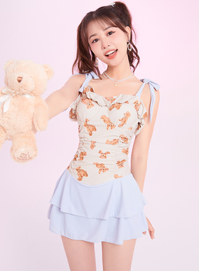 babyblue关于小熊连体泳衣印花初恋小清新显瘦遮肉ins 泡温泉泳装
