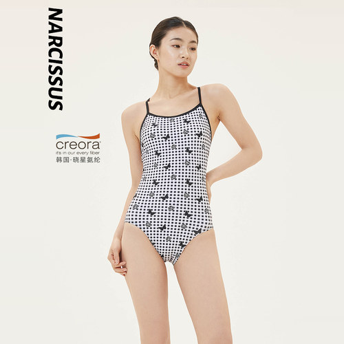 水仙SWIM黑白格纹蝴蝶三角吊带连体女士显瘦游泳竞速训练运动泳衣