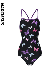 水仙SWIM暗夜闪蝶游泳吊带连体女士蝴蝶显瘦系带竞速训练运动泳衣