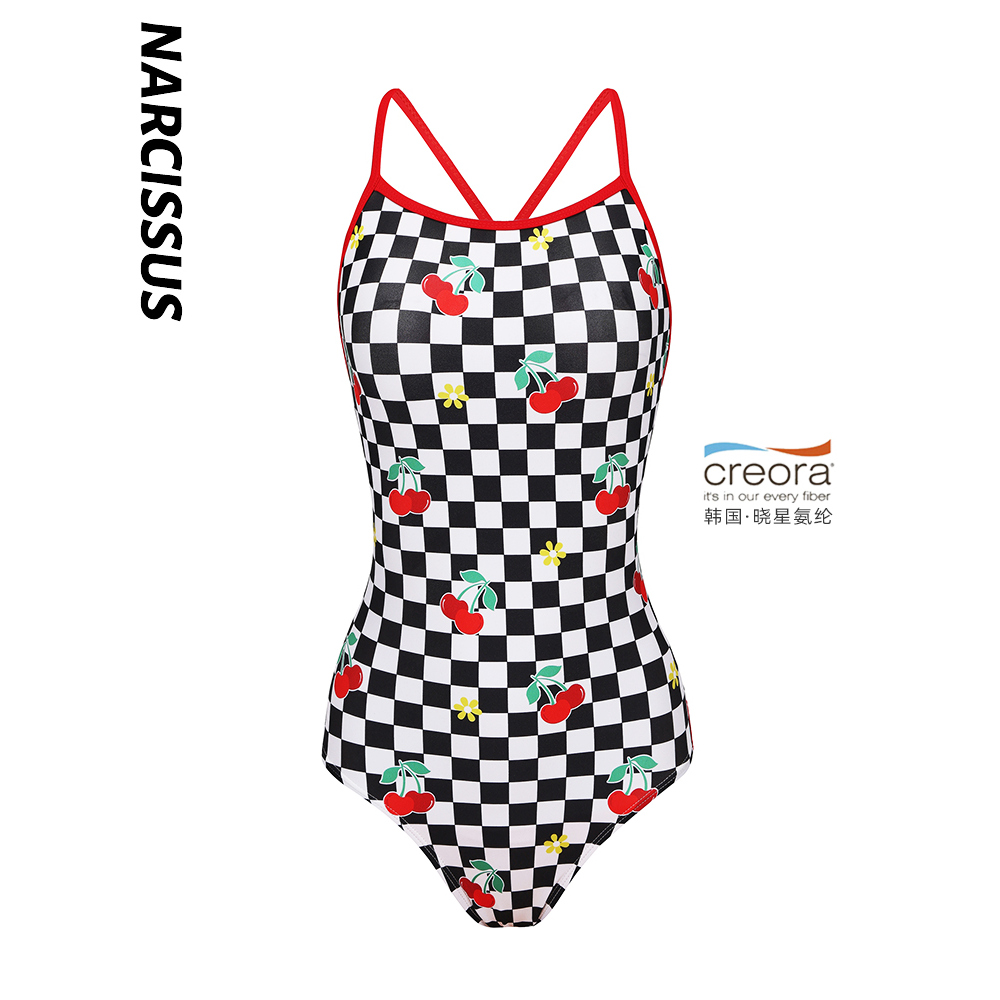 水仙SWIM樱桃棋盘格游泳吊带连体女士显瘦系带竞速训练运动泳衣